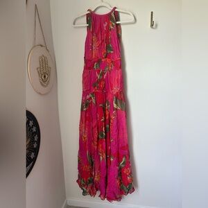 Farm Rio Floral Pink Rhinestone Open Back Halter Maxi Dress